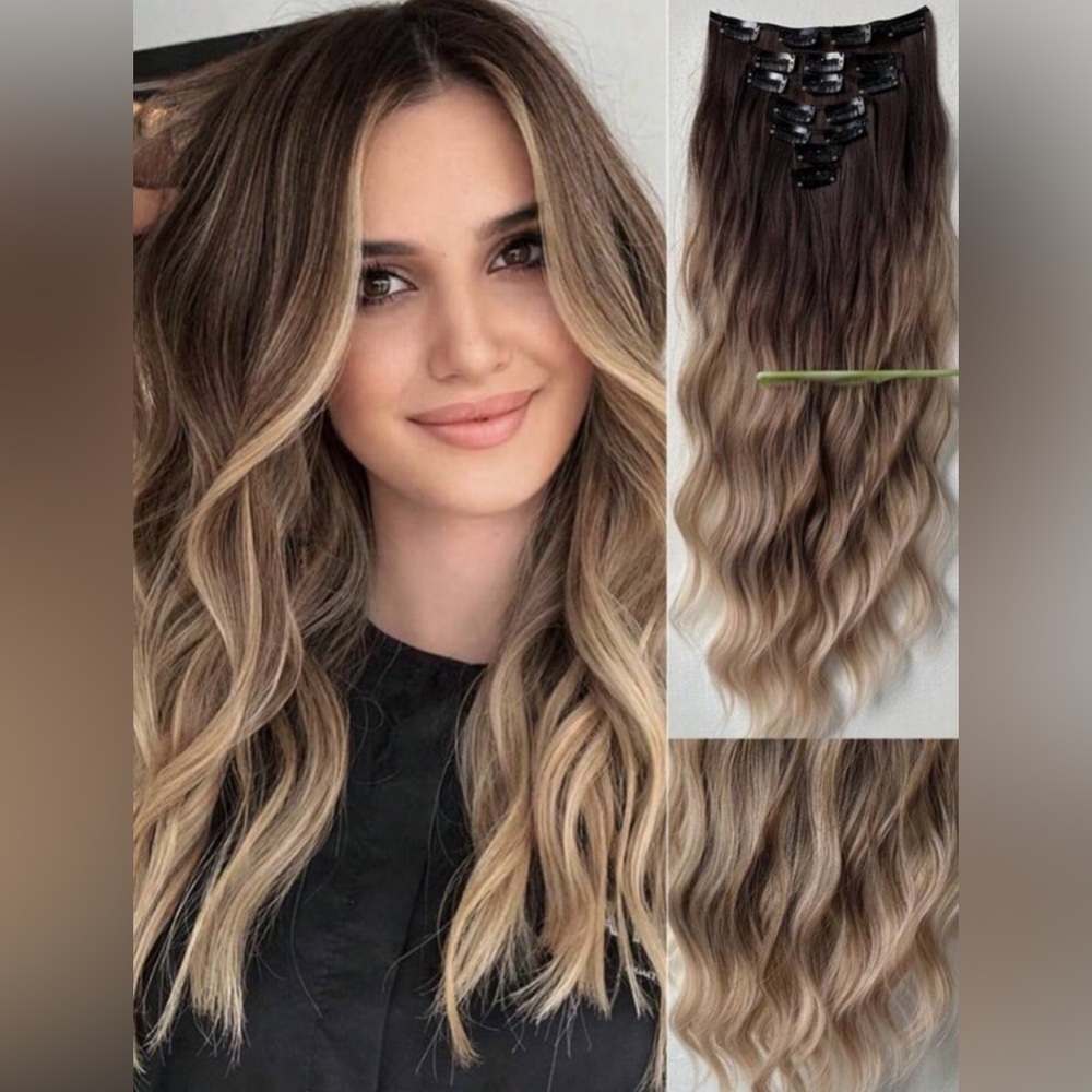 Water Wave Brown to Ash Blonde Balayage Clip in Hair Extensions Set - Picture 8 of 10